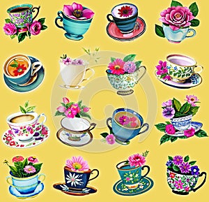 Vintage Antique Watercolor Teacups with flowers Illustration Set on isolated background