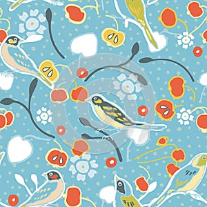 Floral vintage bird pattern, apple tree.