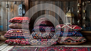 Vintage Arabian Textile Stack with Pillows, Carpets, and Lanterns in Cozy Wooden Room