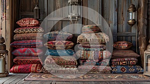 Vintage Arabian Textile Stack with Pillows, Carpets, and Lanterns in Cozy Wooden Room