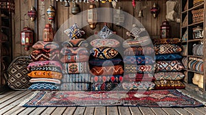 Vintage Arabian Textile Stack with Pillows, Carpets, and Lanterns in Cozy Wooden Room