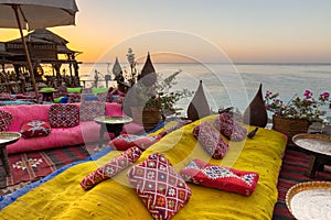 Vintage Arabic oriental cafe. Place to relax on beach Ras Umm El Sid of Red Sea. Sharm El Sheikh, Egypt.