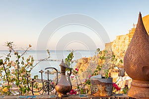 Vintage Arabic oriental cafe. Place to relax on beach Ras Umm El Sid of Red Sea. Sharm El Sheikh, Egypt.