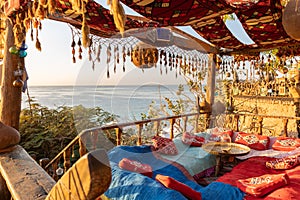 Vintage Arabic oriental cafe. Place to relax on beach Ras Umm El Sid of Red Sea. Sharm El Sheikh, Egypt.