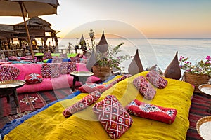 Vintage Arabic oriental cafe. Place to relax on beach Ras Umm El Sid of Red Sea. Sharm El Sheikh, Egypt.