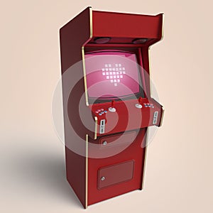 Vintage arcade game machine cabinet with pixel heart icon colorful controllers and screen isolated.