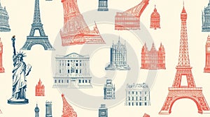Vintage architectural landmarks seamless pattern