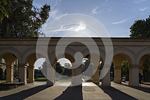 Vintage architecture arches as an old Spanish culture building in San Diego Balboa Park, California