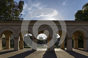 Vintage architecture arches as an old Spanish culture building in San Diego Balboa Park, California