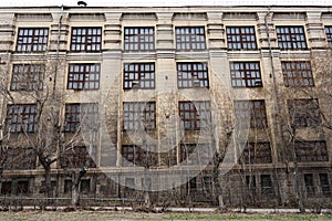 Vintage architecture classical facade old gray building front view.