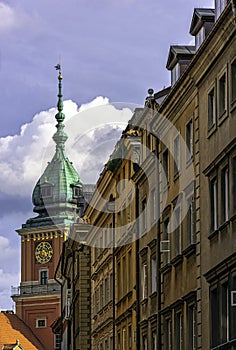 Vintage architecture of Old Town with Royal Castle in background in Warsaw, Poland