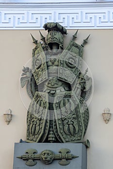 Vintage armor on high relief on arch of main headquarters in St. Petersburg