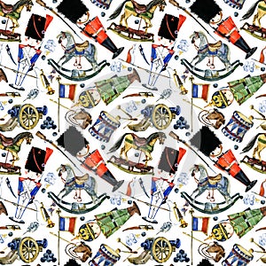 Vintage army toys seamless pattern. soldiers watercolor illustration.