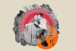 Vintage art collage. Lovely couple are siting on the bench