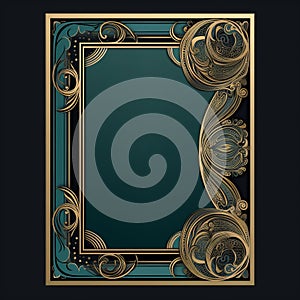 vintage art deco background with gold and green frame on a black background