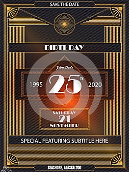 Vintage art deco luxury party invitation design template with gold geometric ornament on a black background.