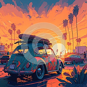 Vintage Artwork of car at Beach, Sunrise and palms tree in background, generative ai