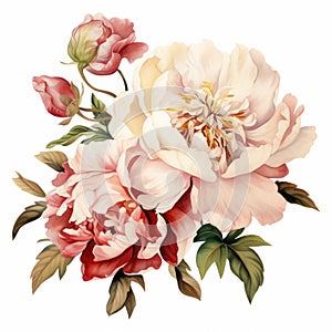 Vintage Artwork Of Two Peonies: Light Crimson And Light Beige