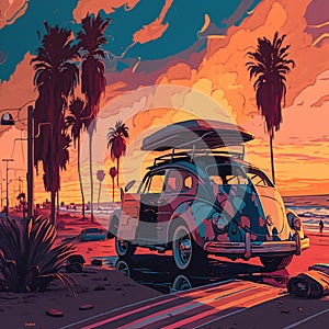 Vintage Artwork of VW Bus at Beach, Sunrise and palms tree in background, generative ai