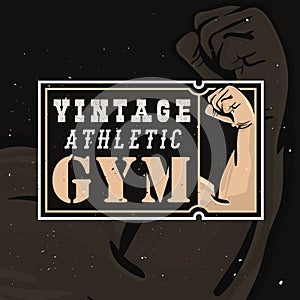 Vintage athlete gym logotype in retro style with grunge effect