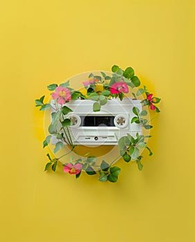 Vintage audio cassette with flowers growing around.