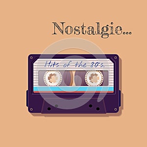 Vintage audio cassette. Nostalgia of the 80`s 90`s. Old technology, realistic retro design.