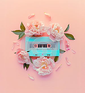 Vintage audio cassette with Peony flowers.