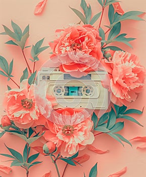 Vintage audio cassette with Peony flowers.