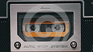 Vintage Audio Cassette Rotates in Old Tape Recorder