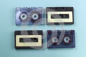 Vintage audio cassette tape blue background