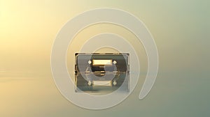 Vintage audio cassette tape on reflective surface, minimalist style. Retro music cassette with soft light. Concept of