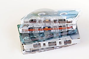 Vintage audio cassette tapes close up on white background