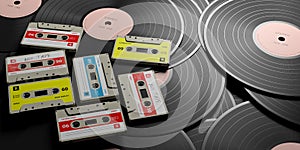 Vintage audio cassettes on wooden background, mix tape label, 3d illustration