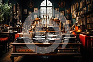 Vintage audio equipment on desk in a classical library