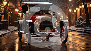 Vintage Automobile Parked Outside The Festively Christmas Decorated Shops. Generative AI