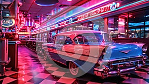 A vintage automobile sits gracefully inside a nostalgic diner, bathed in the vibrant glow of neon lights, A classic American diner