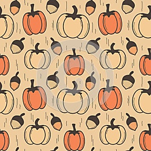 Vintage autumn fall seamless vector pattern background illustration with pumpkins and acorns