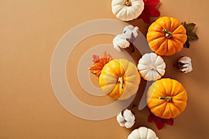 Vintage autumn flat lay composition with ripe pumpkins, maple leaves, cotton on pastel brown background