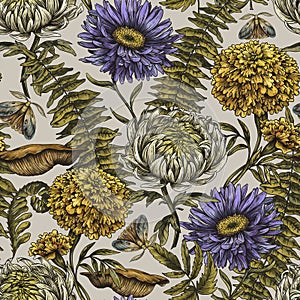 Vintage Autumn Flowers Seamless Pattern, Classic Botanical Aster, Marigold, Chrysanthemum Floral Texture, Moth and Fern