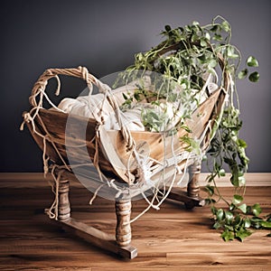 vintage baby cradle is tied to a vine. Generative AI