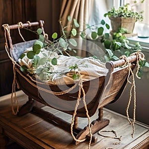 vintage baby cradle is tied to a vine. Generative AI