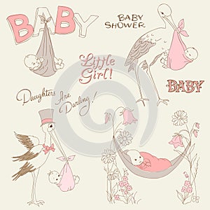 Vintage Baby Girl Shower and Arrival Doodles Set