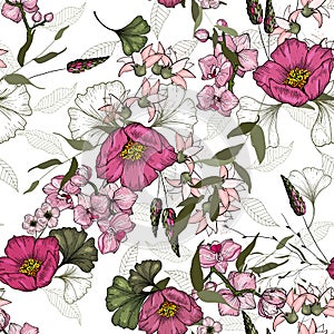 Vintage background blooming realistic isolated flower print. Hand drawn vector illustration. Retro wild seamless floral pattern