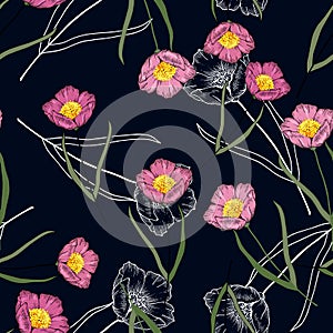 Vintage background blooming realistic isolated flower print of roses. Hand drawn vector illustration. Retro wild seamless floral