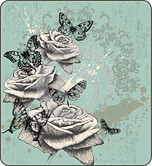 Vintage background with blooming with roses and bu