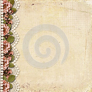 Vintage background with border of flowers and lace