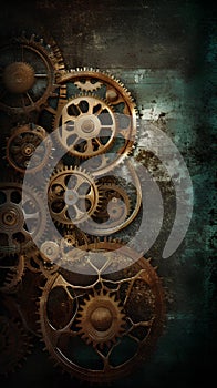 Vintage background with brass gears. Teal and orange color toned. Steampunk background