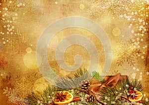 Vintage background with candied oranges, cinnamon, fir-tree branches and christmas gift. Season`s greetings