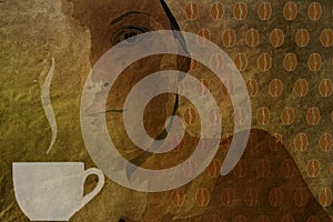 Vintage background with a cup of coffee and coffee beans pattern