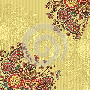 Vintage background with doodle flowers on beige